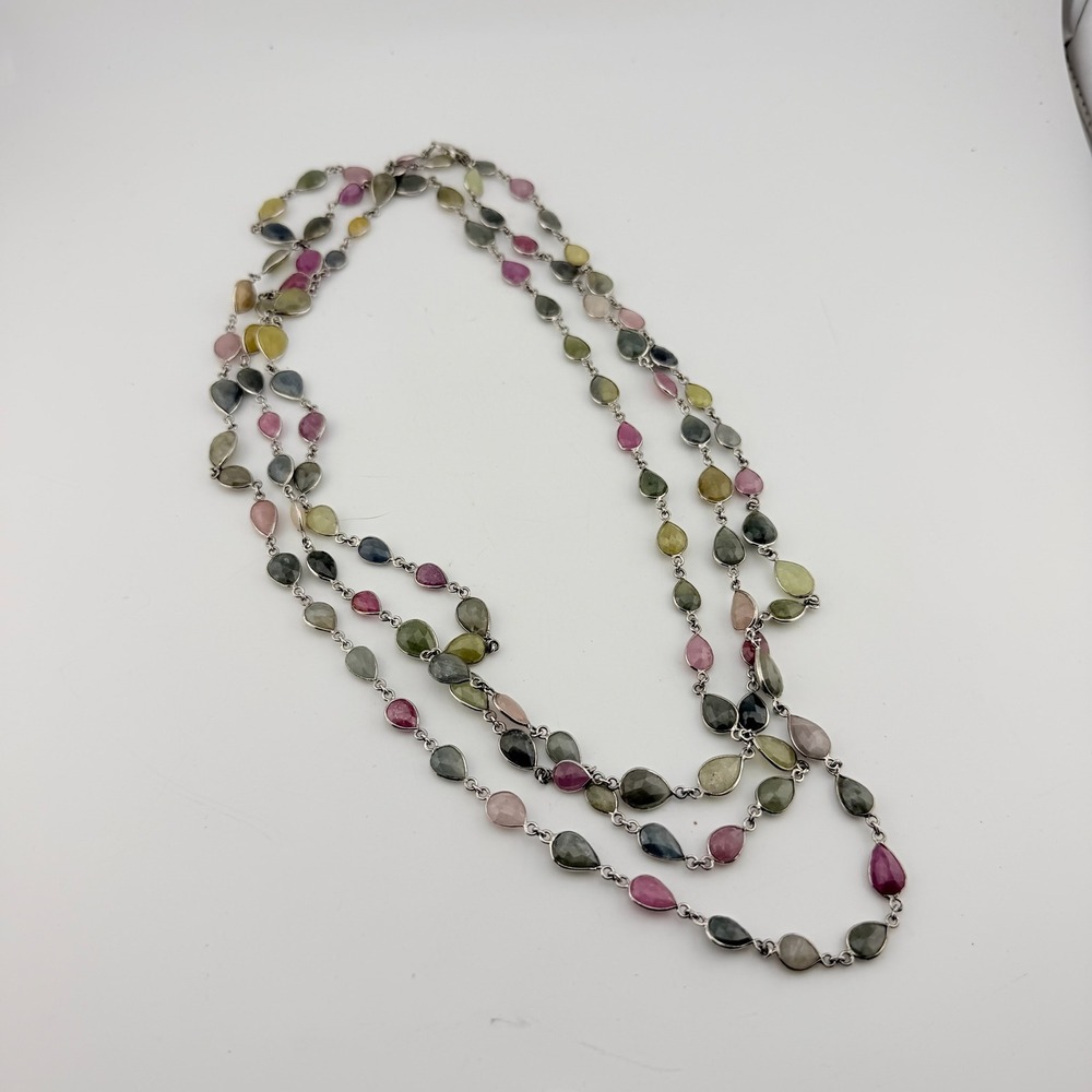 Clyde Duneier CID Long Multi Color Sapphire Sterling Silver Station Necklace
